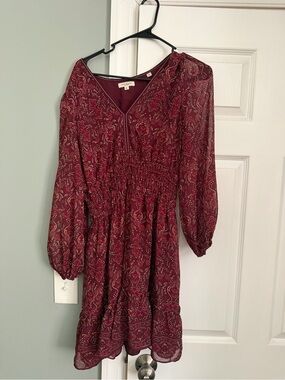 Max Studio Burgundy Paisley V-Neck Smocked Mini Dress
